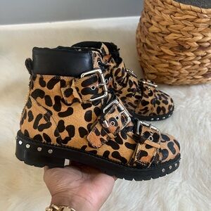 Topshop Women Leopard Print Three Buckle Lace Up Pony Hair Combat Boots Size 37